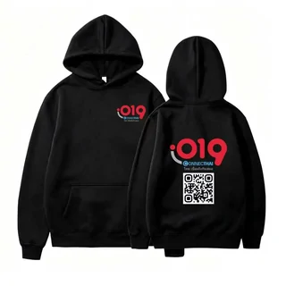 A black hooded sweatshirt shown front and back, with a red number print and a printed code on the back