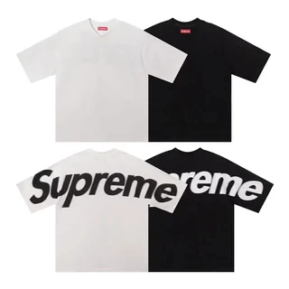 Two short-sleeve T-shirts split white and black, with a large wordmark print across the chest