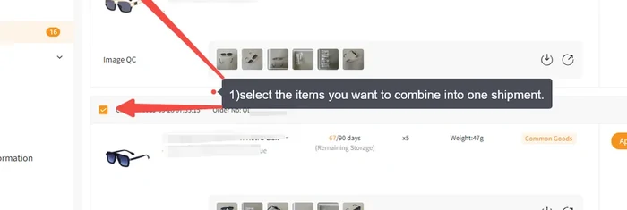 The warehouse list with the instruction to tick the items to combine into one shipment