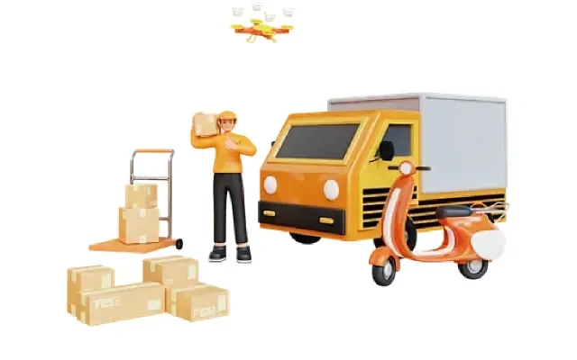 Official OrientDig illustration of a courier loading boxes onto a truck and a scooter