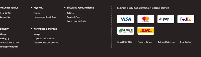 The OrientDig footer showing help centre links and the VISA, Mastercard, Alipay+, FedEx, China Post and DHL marks