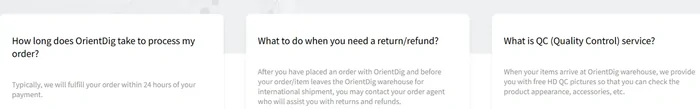 The three questions OrientDig answers on its home page: order processing time, returns and refunds, and what QC service means