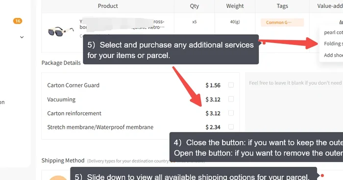 OrientDig parcel options showing packing services and the shipping method area