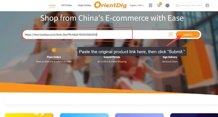 Official OrientDig tutorial showing the seller link entered in its search bar