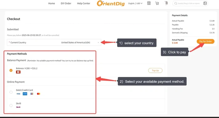 The first checkout screen: choose a country, pick a payment method and pay for the goods