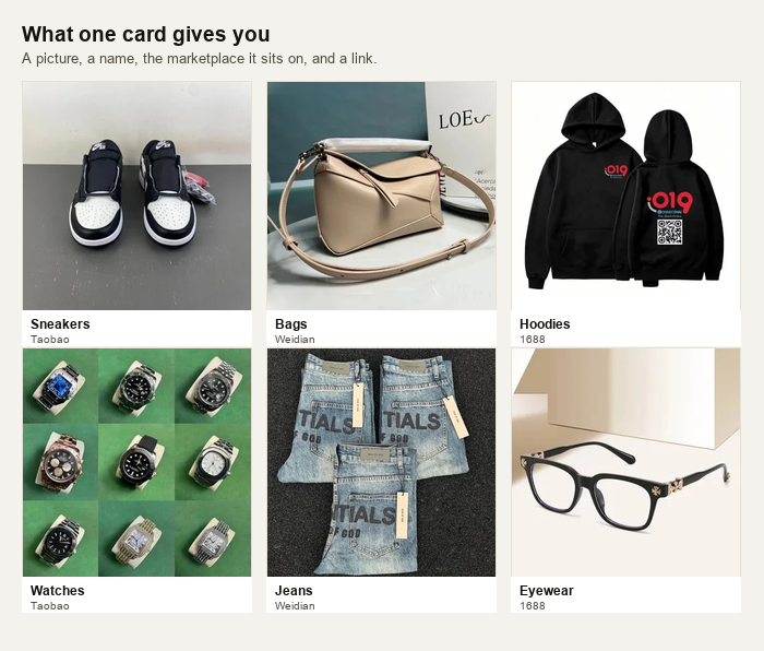 Six product cards built from real category photographs, each with a name and the marketplace it sits on