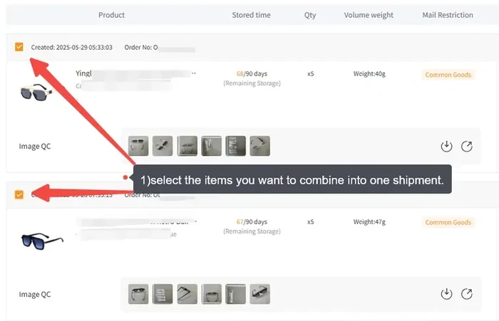 OrientDig warehouse item list with QC thumbnails